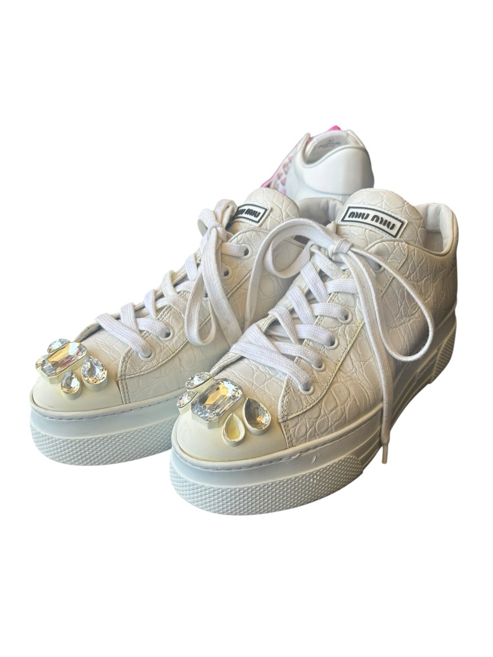 Miu Miu Croc Embossed Embellished Platform Sneakers - Picture 2 of 8